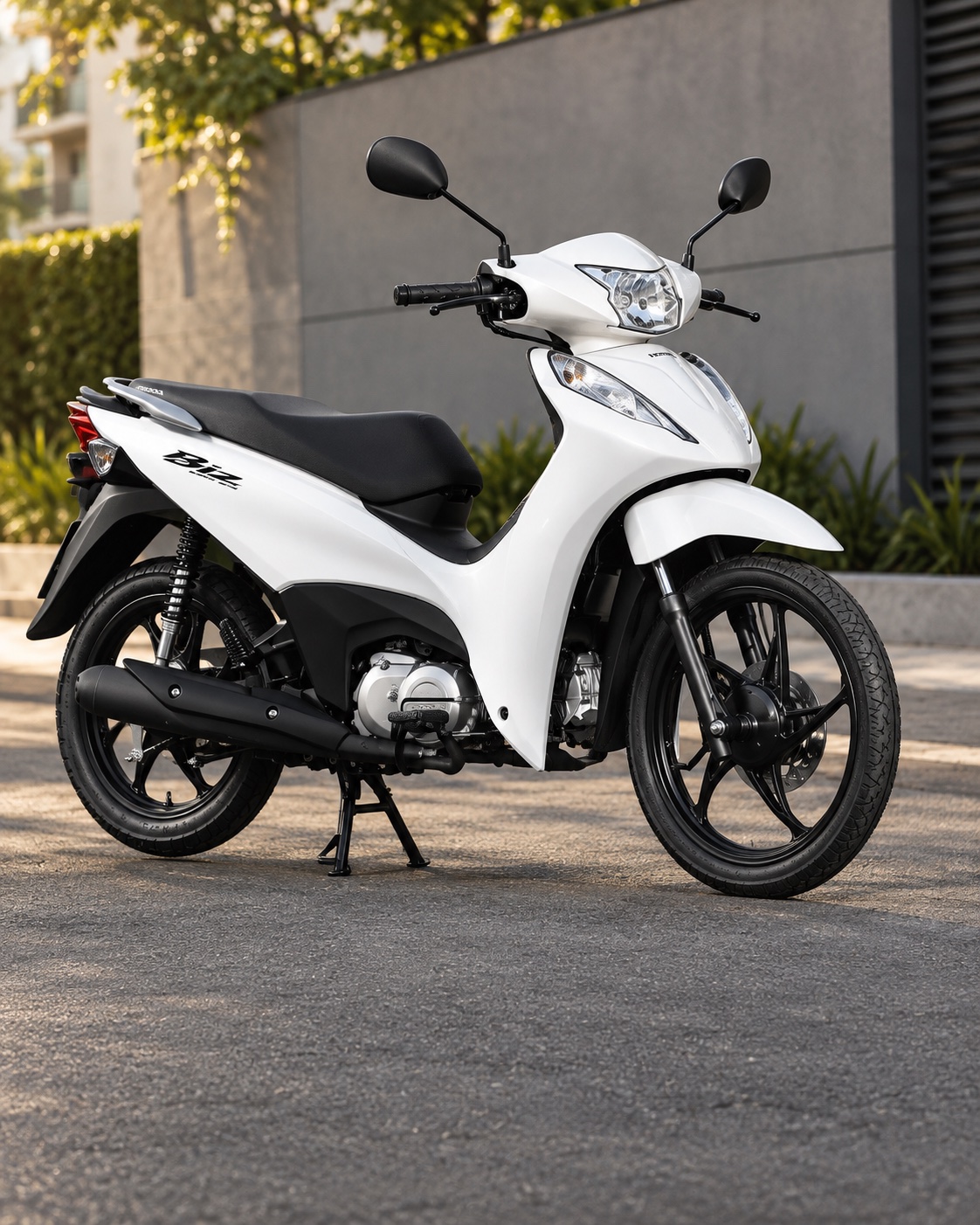 Honda Biz branca em uma rua tranquila